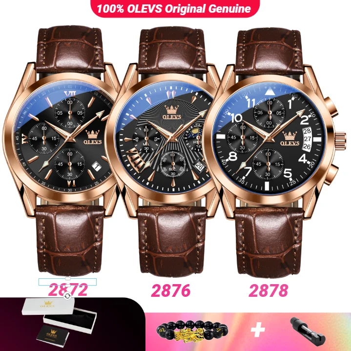 

OLEVS Мужские часы Многофункциональный хронограф Оригинальный брендовый кожаный ремешок Водонепроницаемые деловые мужские кварцевые часы