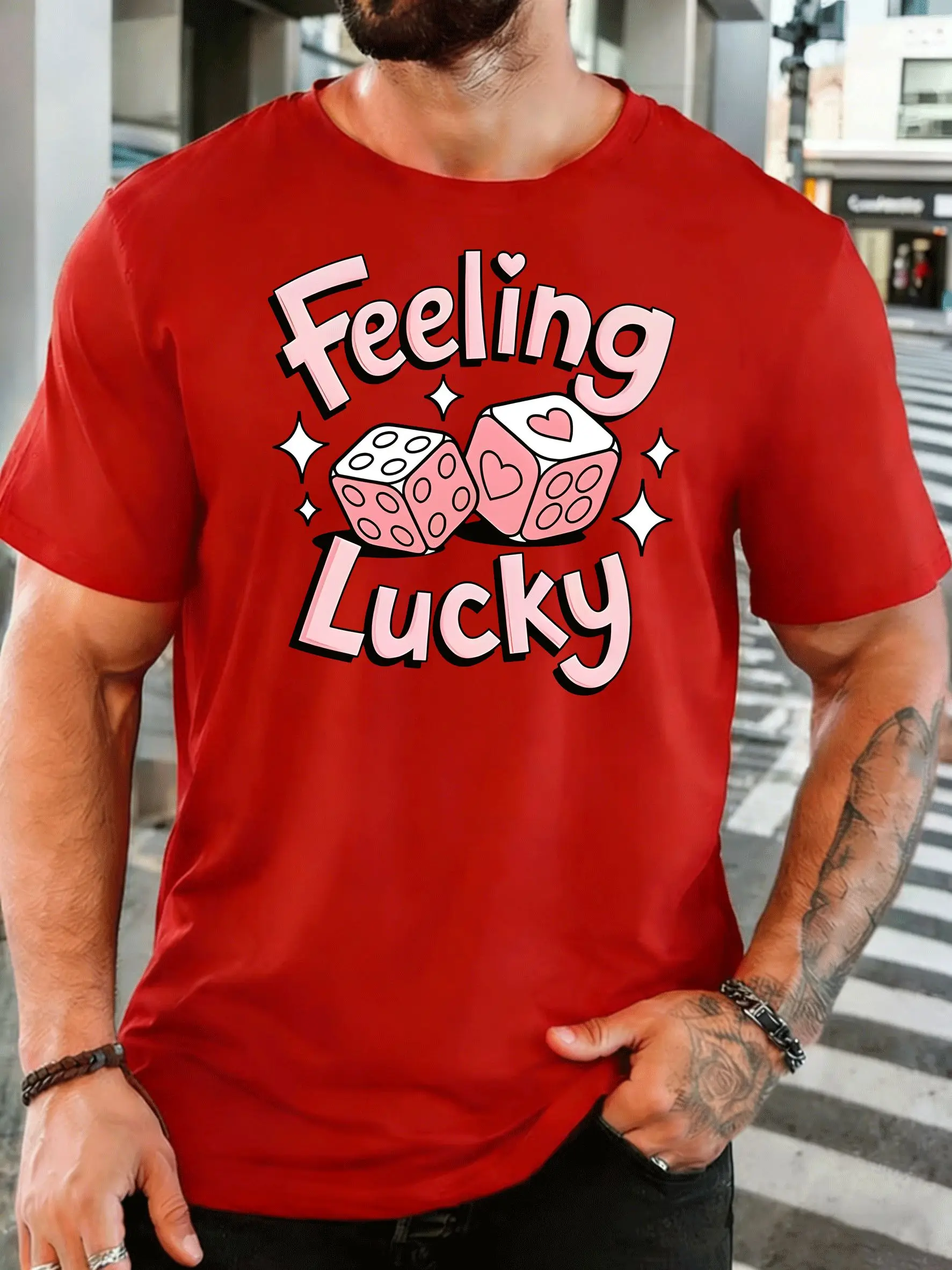 Feeling Lucky Pink Heart Dice Mens Front Print T Shirt Retro Gambling Cartoon Graphic Casual Short Sleeve Top Lucky Theme Gift