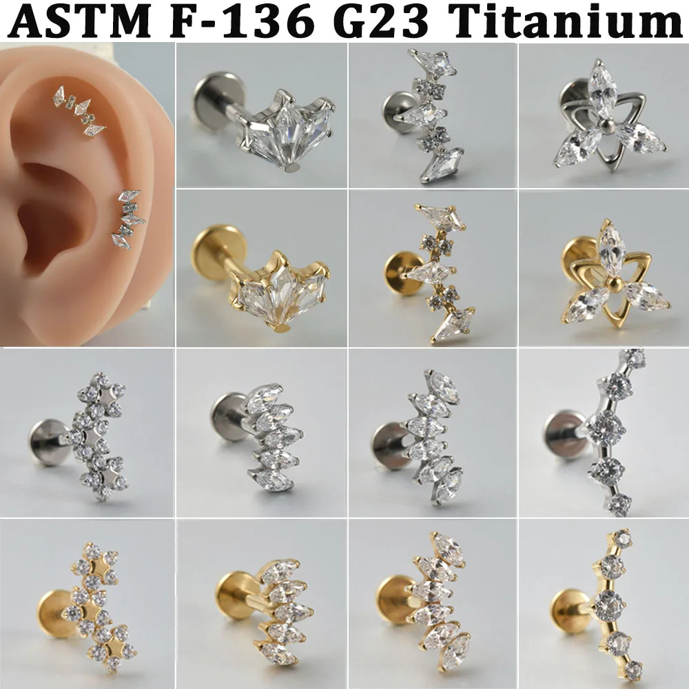 1 Stück Halbmond-Bogen CZ Marquise Pavé Lippenring aus Titanlegierung mit Innenschraube, Zirkonia Flat Back Rook Tragus Piercing Conch Ohrring 16G