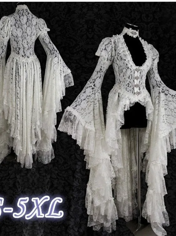 

Retro Medieval Lace Dress Party Bell Sleeve Asymmetrical Skirt British Style Elastic Waist 100% Linen Long Sleeve High Waist