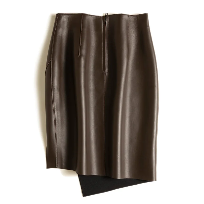 Leather Skirts Women 2024 Japanese Stylish Winter Side Slits Thin Sexy Sheepskin Chocolate Wrap Jupe Saias Femeninas Elegantes