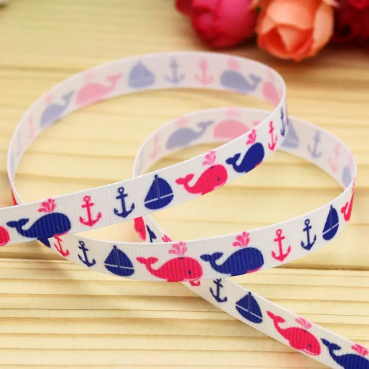 DHK 3/8\'\' 5yards Marine Animals Whale Fish Scales Printed Grosgrain Ribbon Accessory Hairbow Headwear DIY Decoration 9mm C1589
