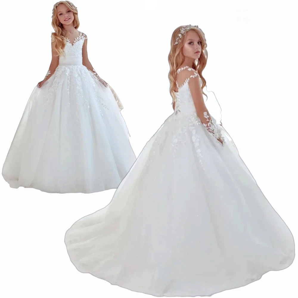 

Elegant Flower Girl Dress Birthday Party Banquet Princess First Communion Gown Tulle Applique Long Sleeve For Wedding Dresses