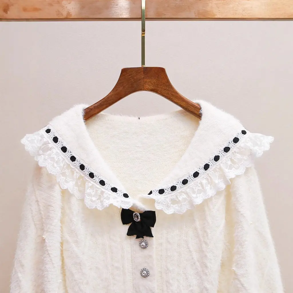 

Yili Zhuoya Autumn French Style Short Knitwear Gentle Sweet Elegant Navy Collar Bow Design Women's Open Cardigan