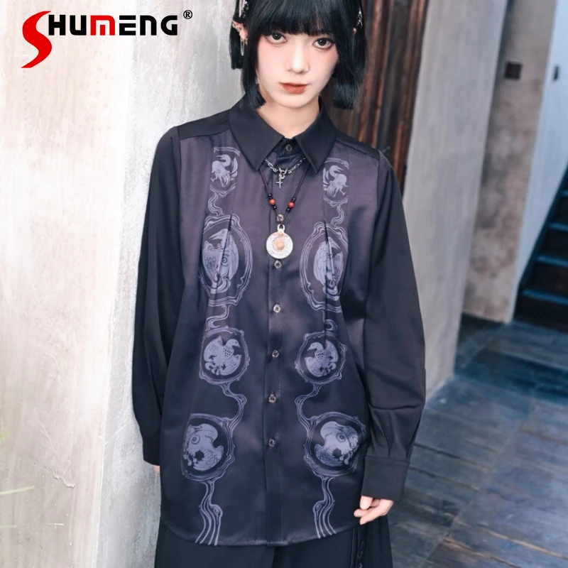 

Темно-черная лоскутная верхняя рубашка с принтом для женщин, винтажный ретро-дизайн, новая однобортная блузка с длинными рукавами в китайском стиле