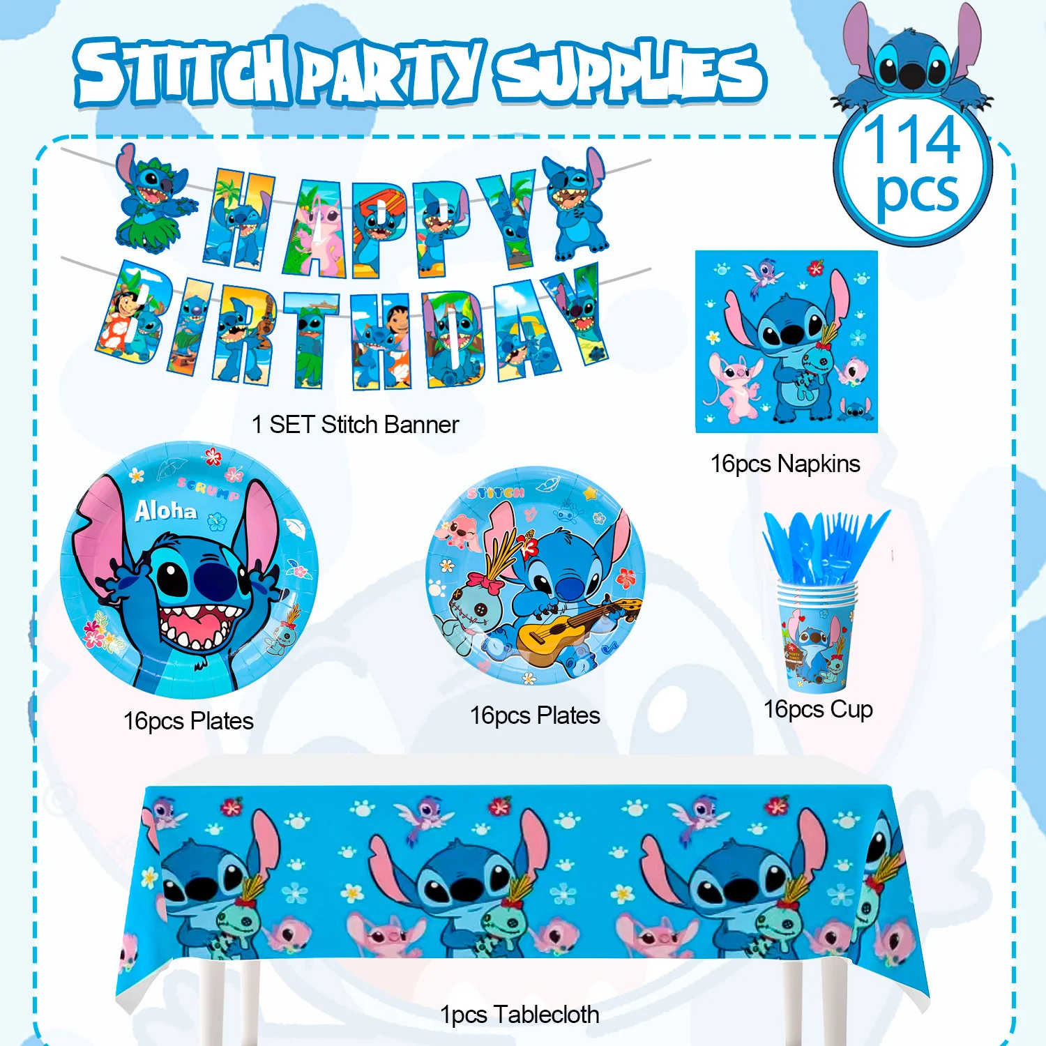 غرزة الطرف الديكور-ستيتش أدوات المائدة الطرف، 114 قطعة مجموعة أدوات المائدة حفلة عيد ميلاد غرزة، مفرش المائدة راية لوحات المناديل الخ