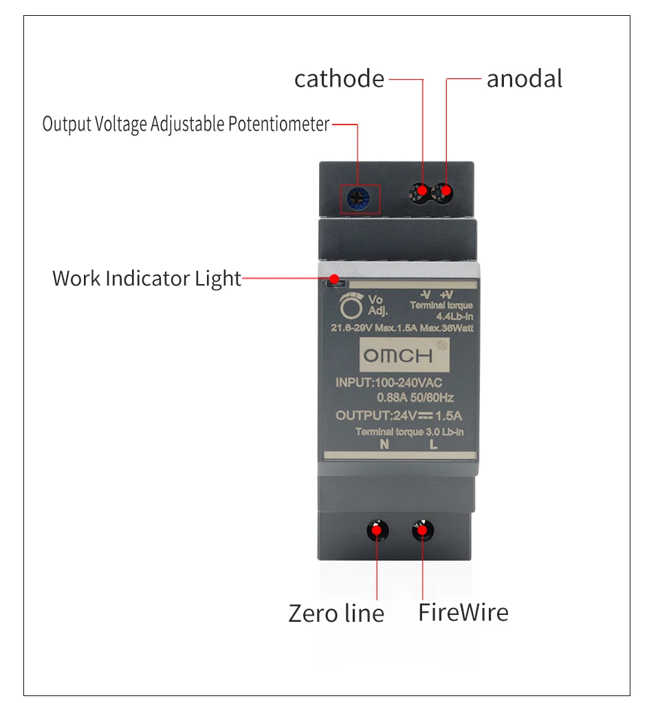 OMCH HDR-Serie DIN-Schienen-Schaltnetzteil HDR-15 100–240 VAC 15 W 30 W 60 W 100 W AC-zu-DC-Spannung 5 V 12 V 24 V 48 V 0–7,1 A SMPS – Detail 9