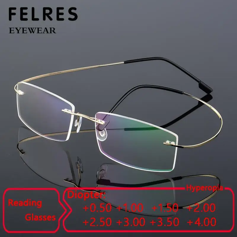 

Titanium Alloy Boundless Anti Blue Light Reading Glasses Men Business Finished Presbyopic Eyewear Rimless Prescription Glasses