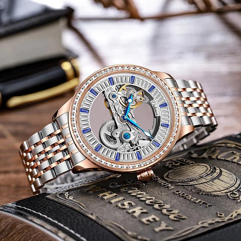 Stainless alloy Transparent Series Dual-Sided Skeleton Luminous Waterproof Self-Wind Automatic Exquisite watch for Men