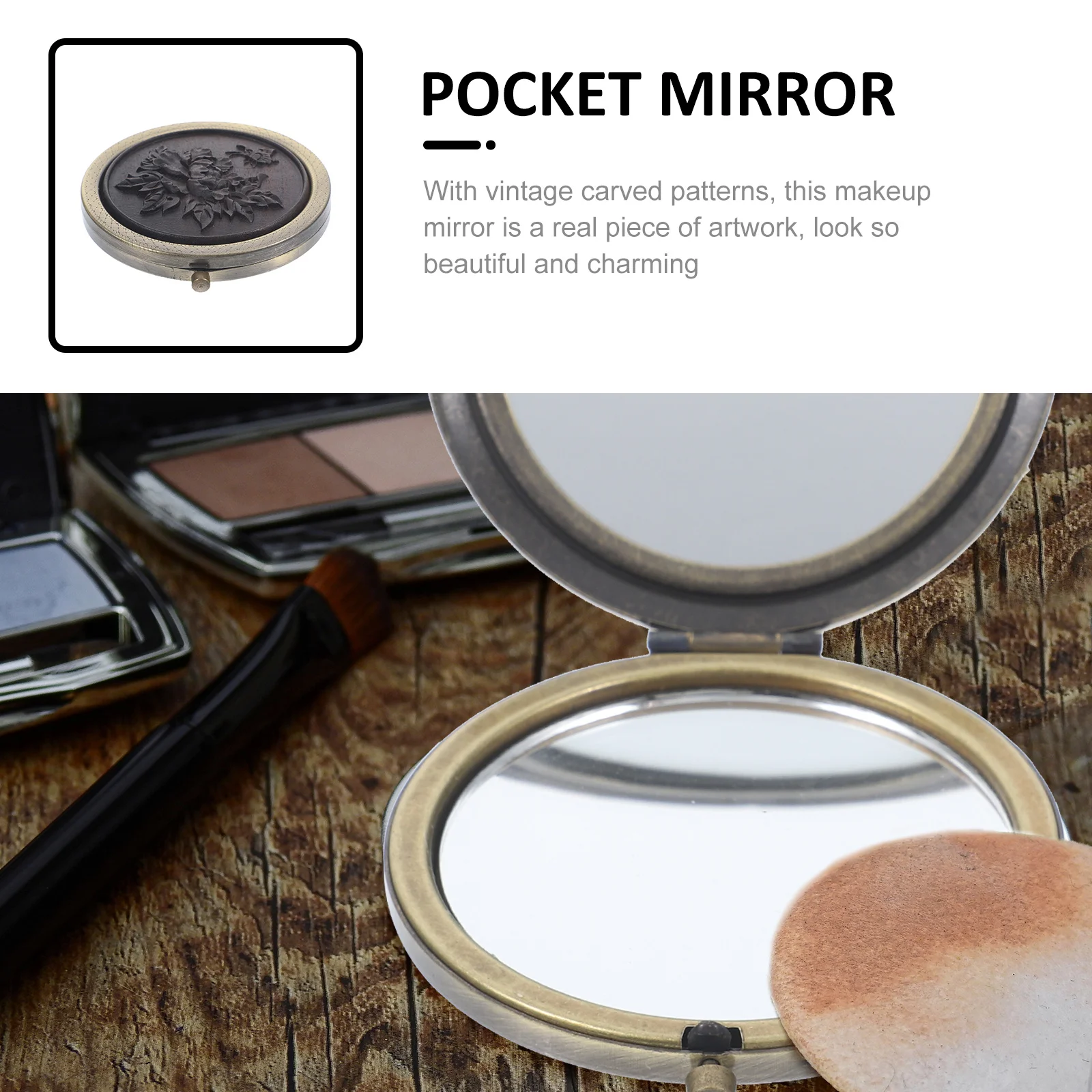 Składane przenośne lusterko do makijażu, kompaktowe, dwustronne, w stylu vintage, odporna na zużycie powierzchnia, idealne na podróże, do domu, na imprezy i pikniki.