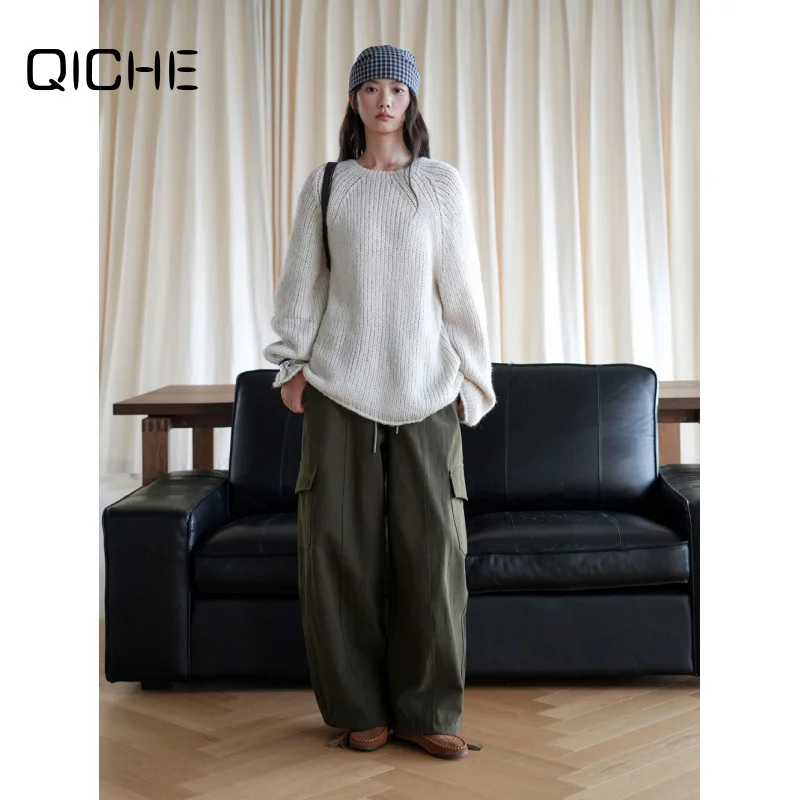 QICHE 2026 Women Japanese Minimalist Wide Leg Cargo Pants Color Block Waistband Loose Casual Trousers Fall Winter
