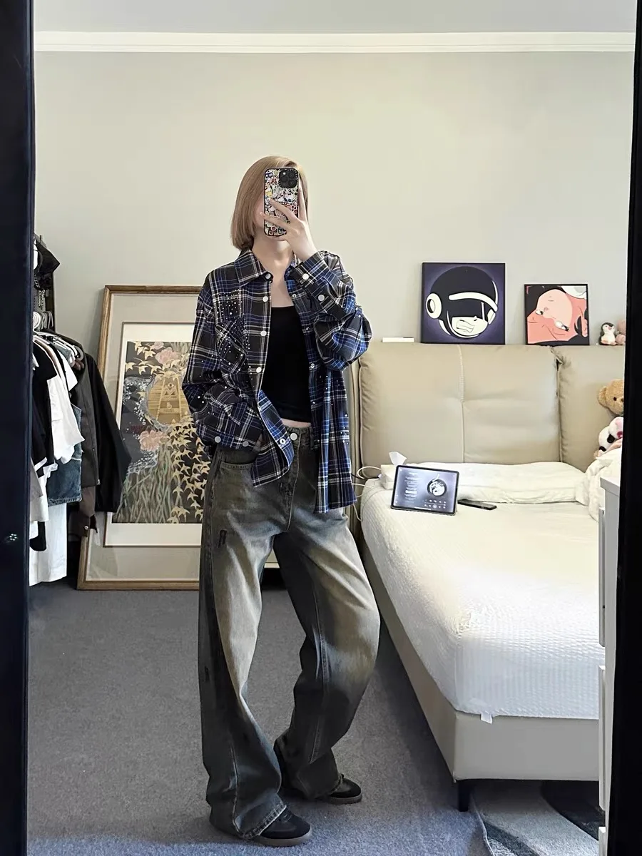 

American High Street Long Sve irt ex Spring Autumn Plaid Loose Versatile Small Design Trendy Brand Outerwear