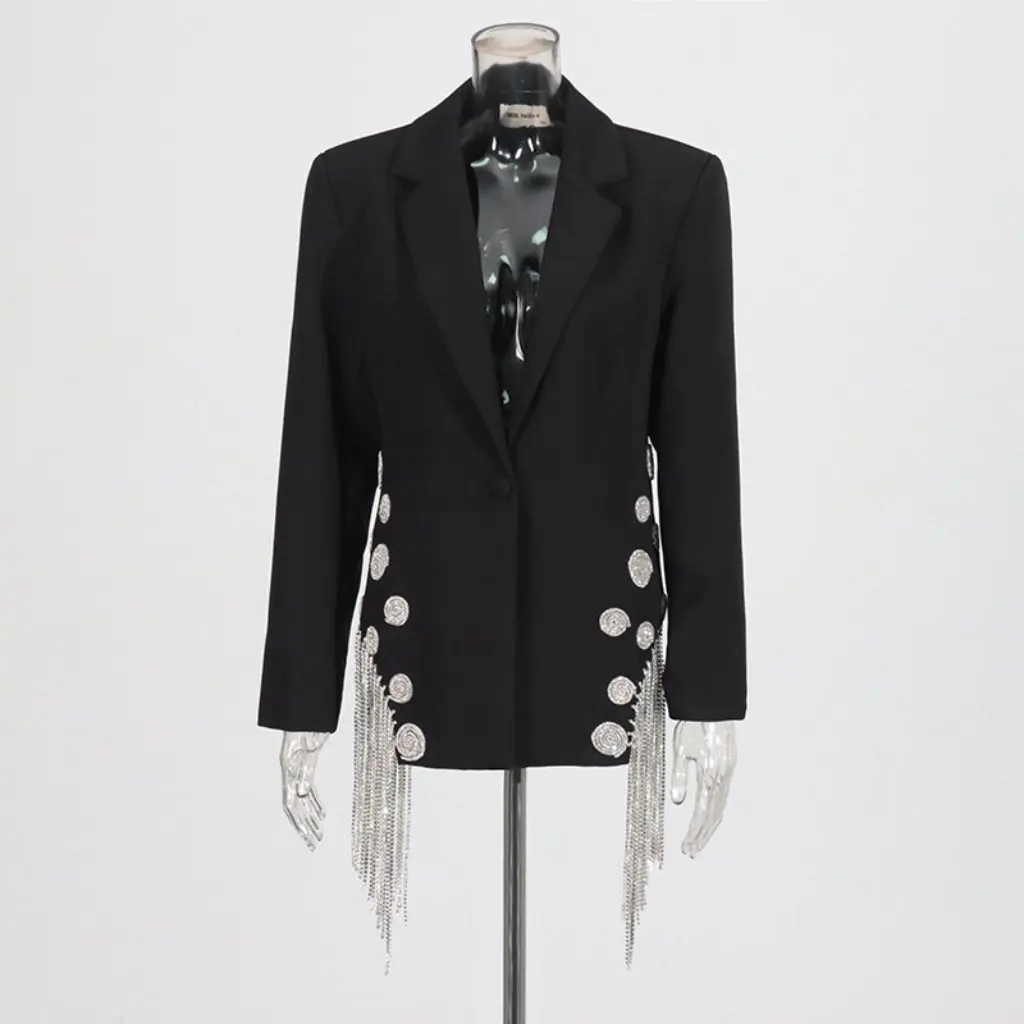 

Elegant Women's One-Button Suit Jacket Commuter Style Early Spring Nail Drill Tassel Design Fashionable Top for Ladies