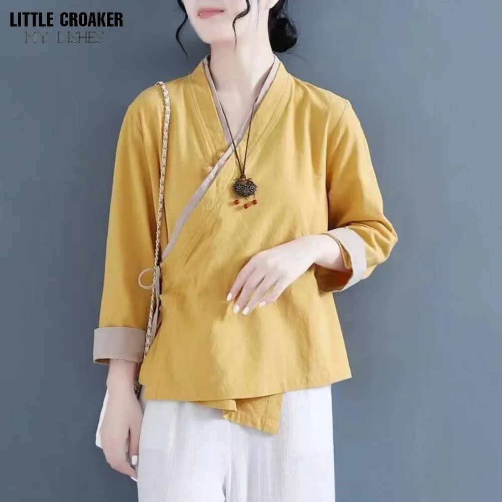 2024 Summer New Chinese Style Hanfu Blouse Women\'s Cross-collar Top Young Short Fresh Elegant Chinese Shirt Traditional Top