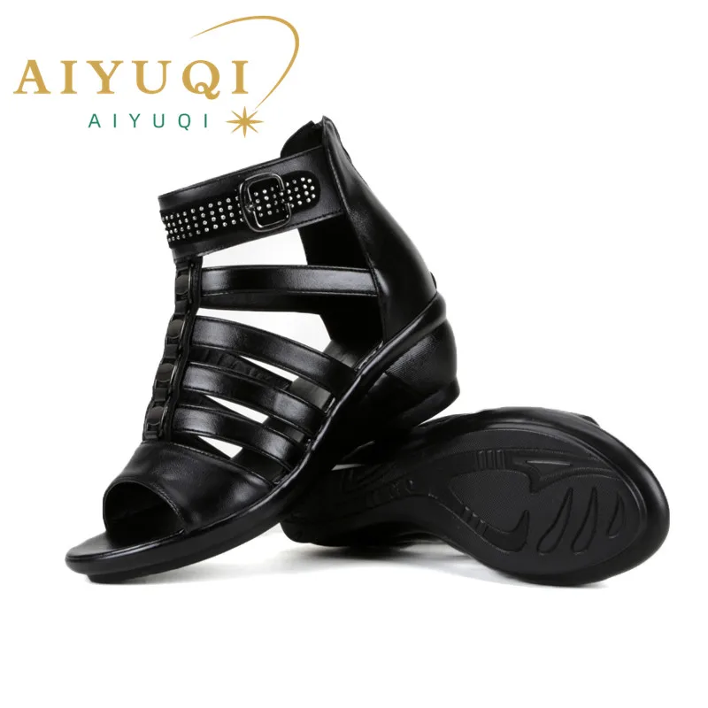 AIYUQI women sandals 2024 summer new women genuine leather sandals large size 41 42 43 rhinestones Roman sandals ladies mother