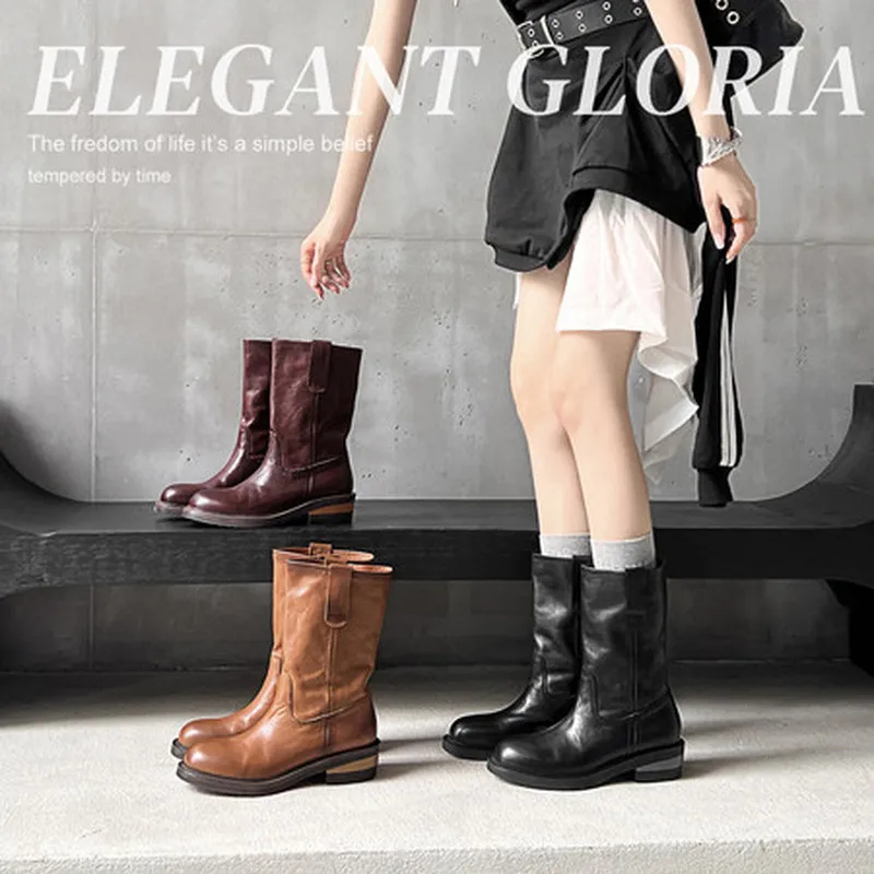 2026 Western Moto Women Slouch Mid Calf Boots Hand Washed Top Layer Cowhide Round Toe 4cm Block Low Heel Non-slip Rubber Sole241