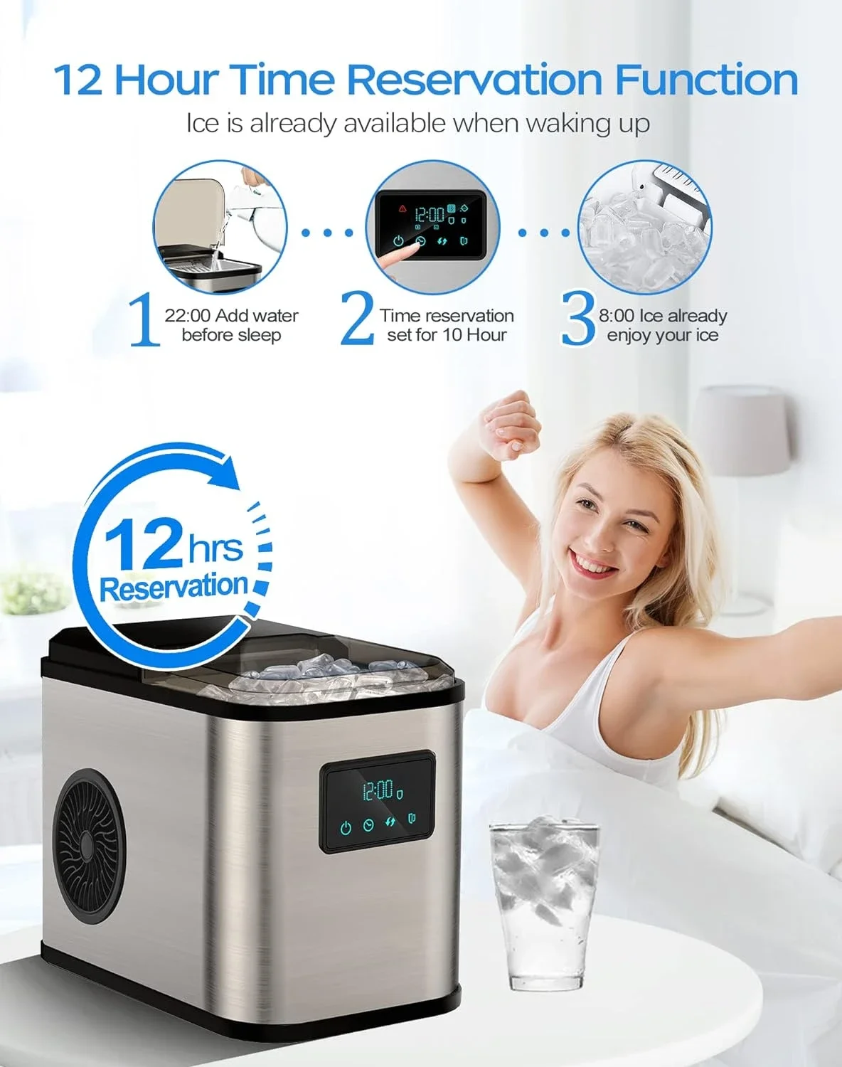 Eficiente Auto Limpeza Mini Ice Maker, Reserva de Tempo, Countertop Ice Maker, 28lbs, 24h, 6 Mins, 9 Pcs