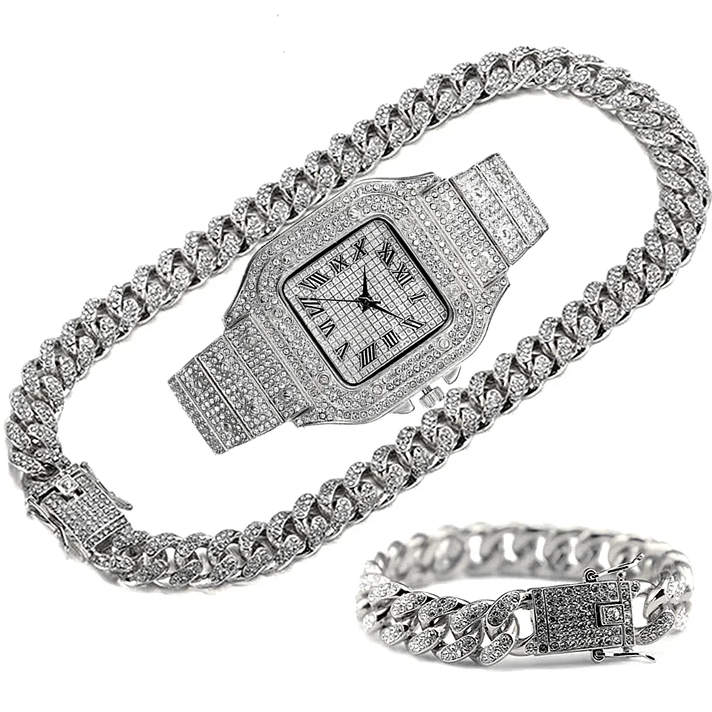 Luxury Iced Out Chain for Men Women HipHop Miami Bling Cuban Big Gold Necklace Iced Out Watch Bracelet Rhinestone Jewelry