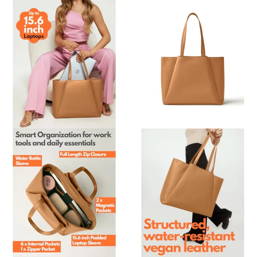 

Work Tote Bags for Women 15.6 Inch - Laptop Tote Bag with Zip Compartments - Large PU Leather Office Purse Computer Briefcase