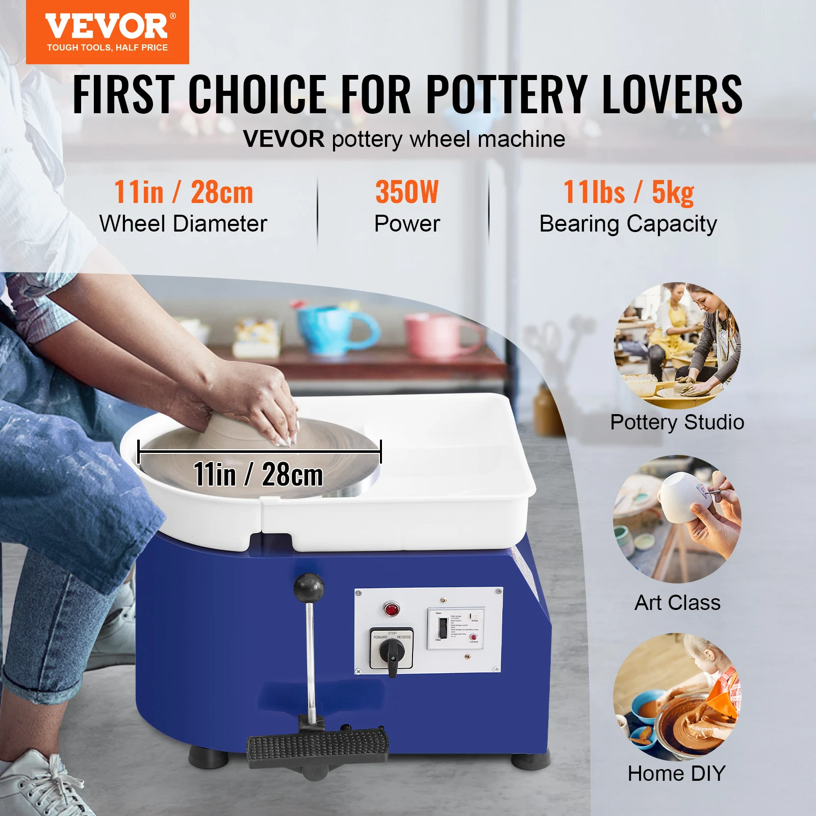 VEVOR Pottery Wheel 350W 11in Clay Wheel Forming Machine Adjustable Speed & Pedal Control & ABS Detachable Basin Craft DIY Kit