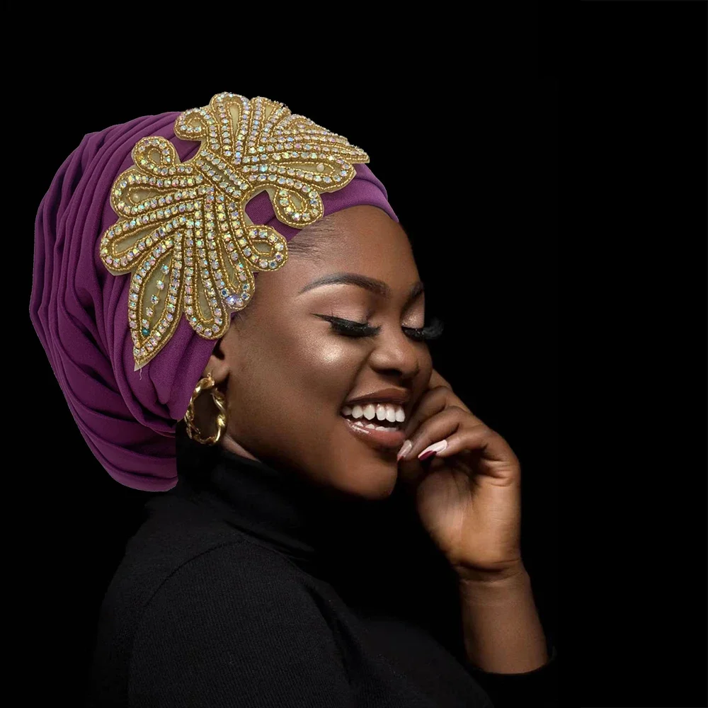 African Female Head Wraps Muslim Headscarf Bonnet Turbante mujer Full Body Pleated Turban Cap for Women Glitter Diamonds Deco