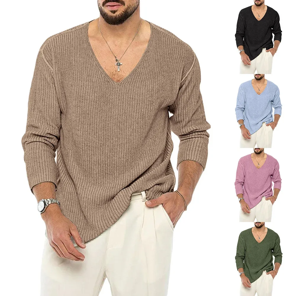 

Men's V-neck Sweater Solid Color Long Sleeved Fashionable Casual Knitted Sweater Autumn and Winter Men's Clothing