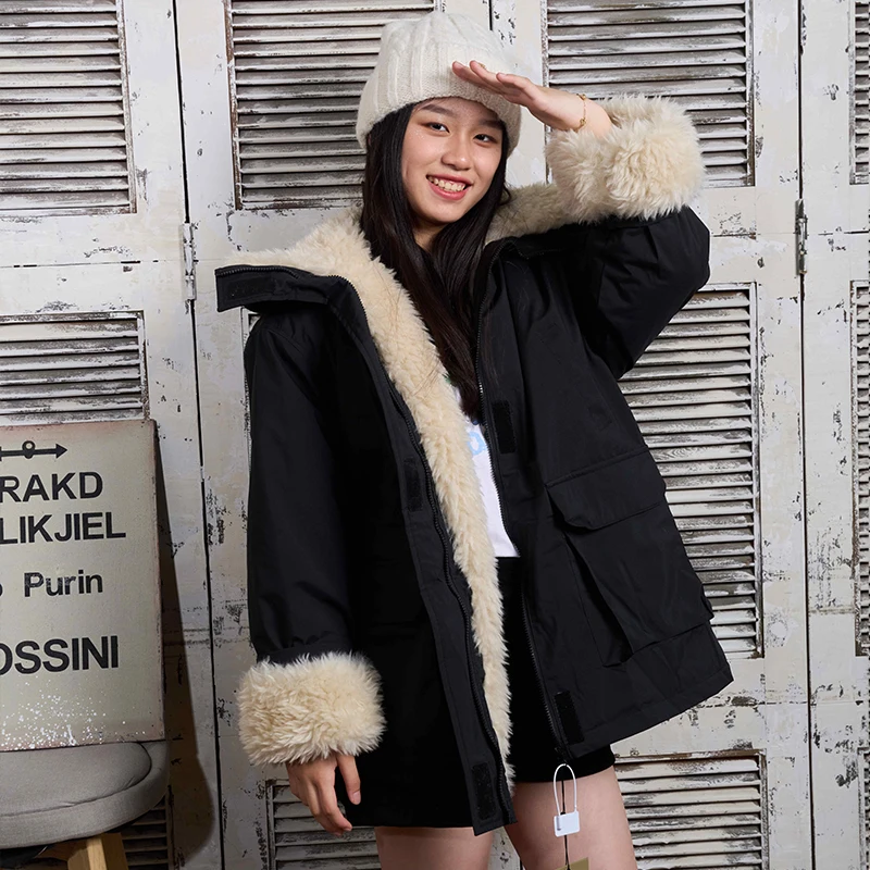 

2025 New Sle Waterproof Lamb Velvet Thi Warm Parka Coat Korean Loose Fit Cotton Jaet with Polyester Filling And Inner L...