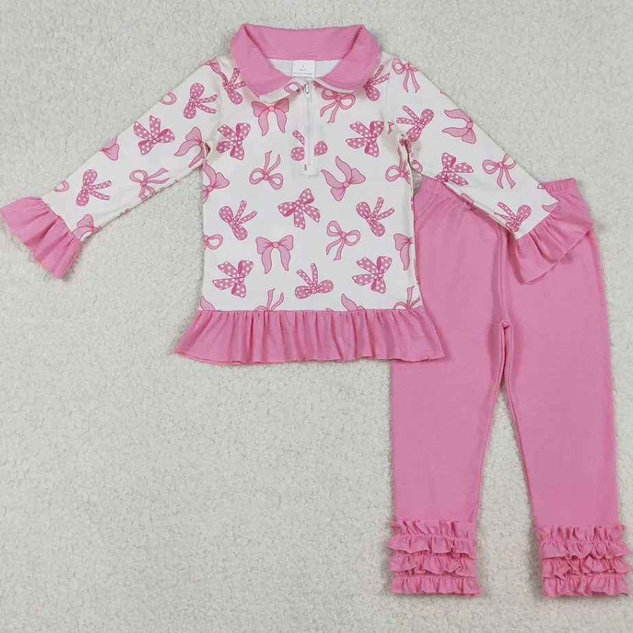 

Baby Girls Clothes Pink Bows Zipper Pullover Tops Legging Pant Spring Fall Outfits Boutique Toddler Girls Clothes