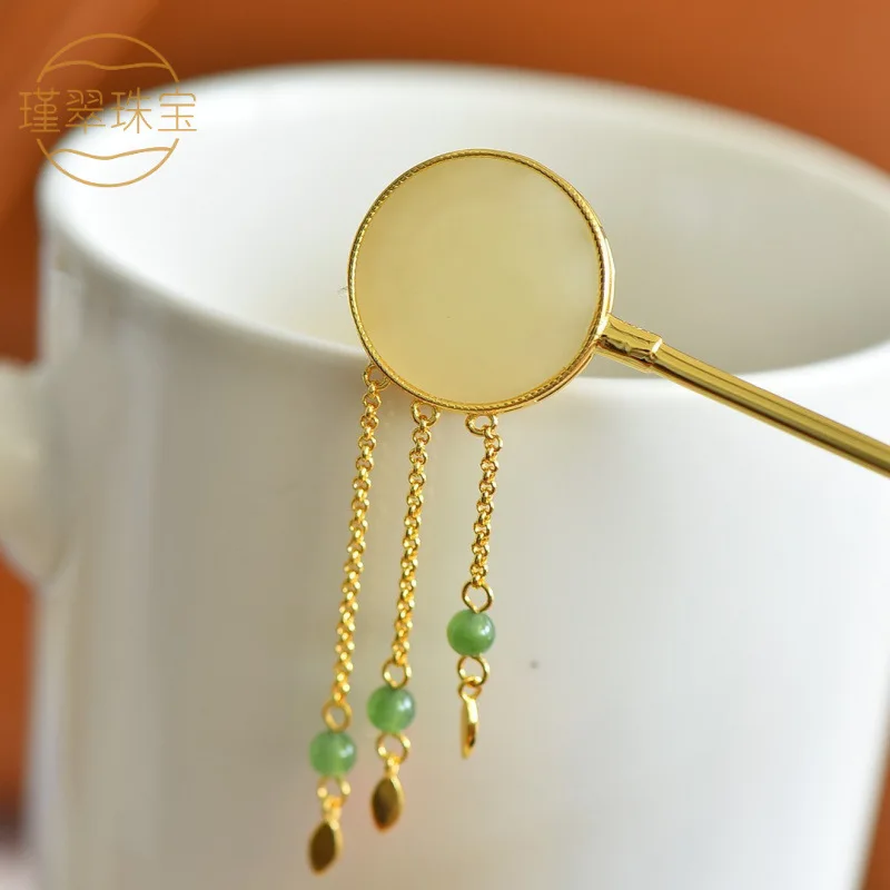 S925 Silver Inlaid With Hetian Jade, Round Flat Enamel Tassel Hairpin, Versatile Style