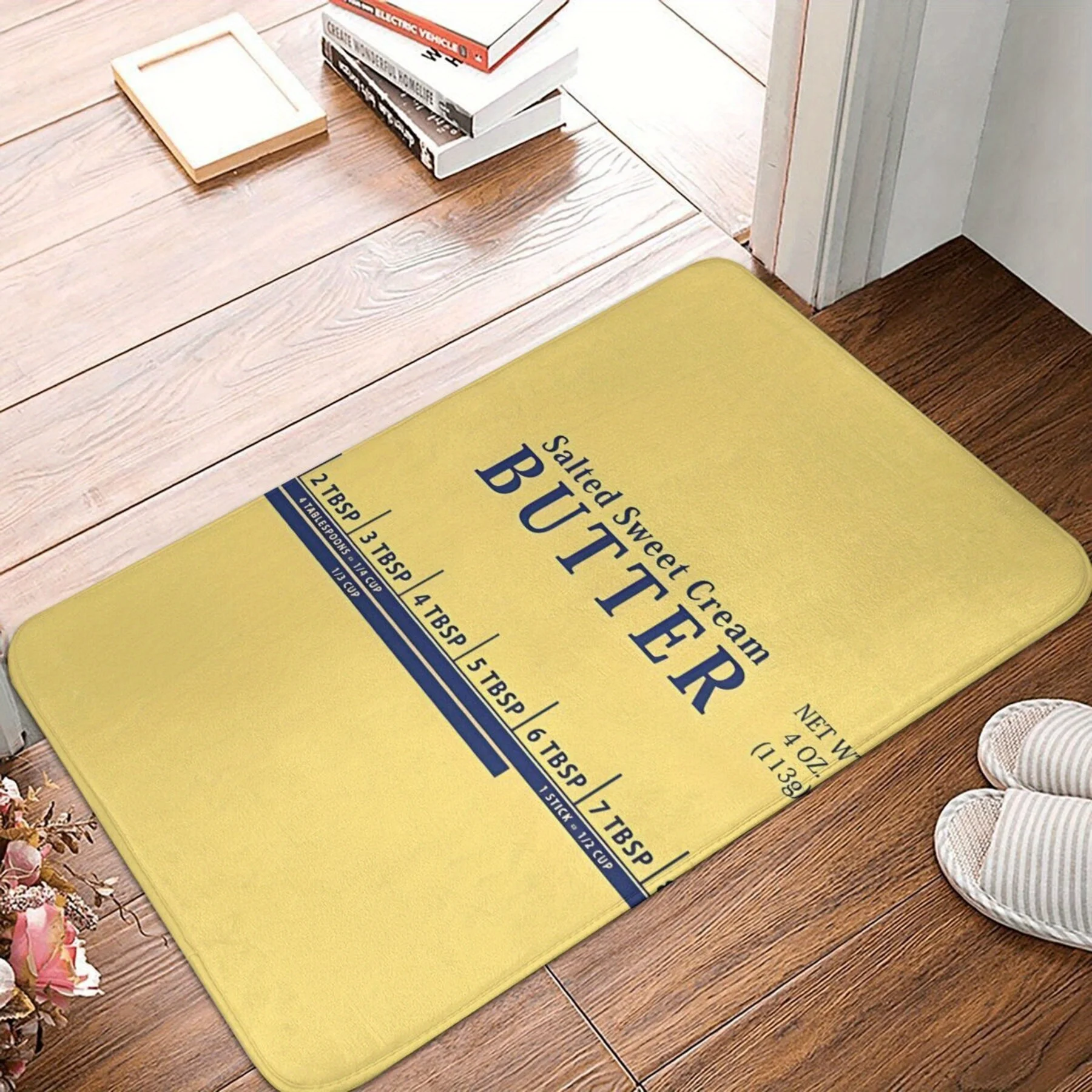 Text-Based Butter Packaging Print Doormat – Yellow Background with Blue Typography, 40x60cm Decorative Entry Floor Mat