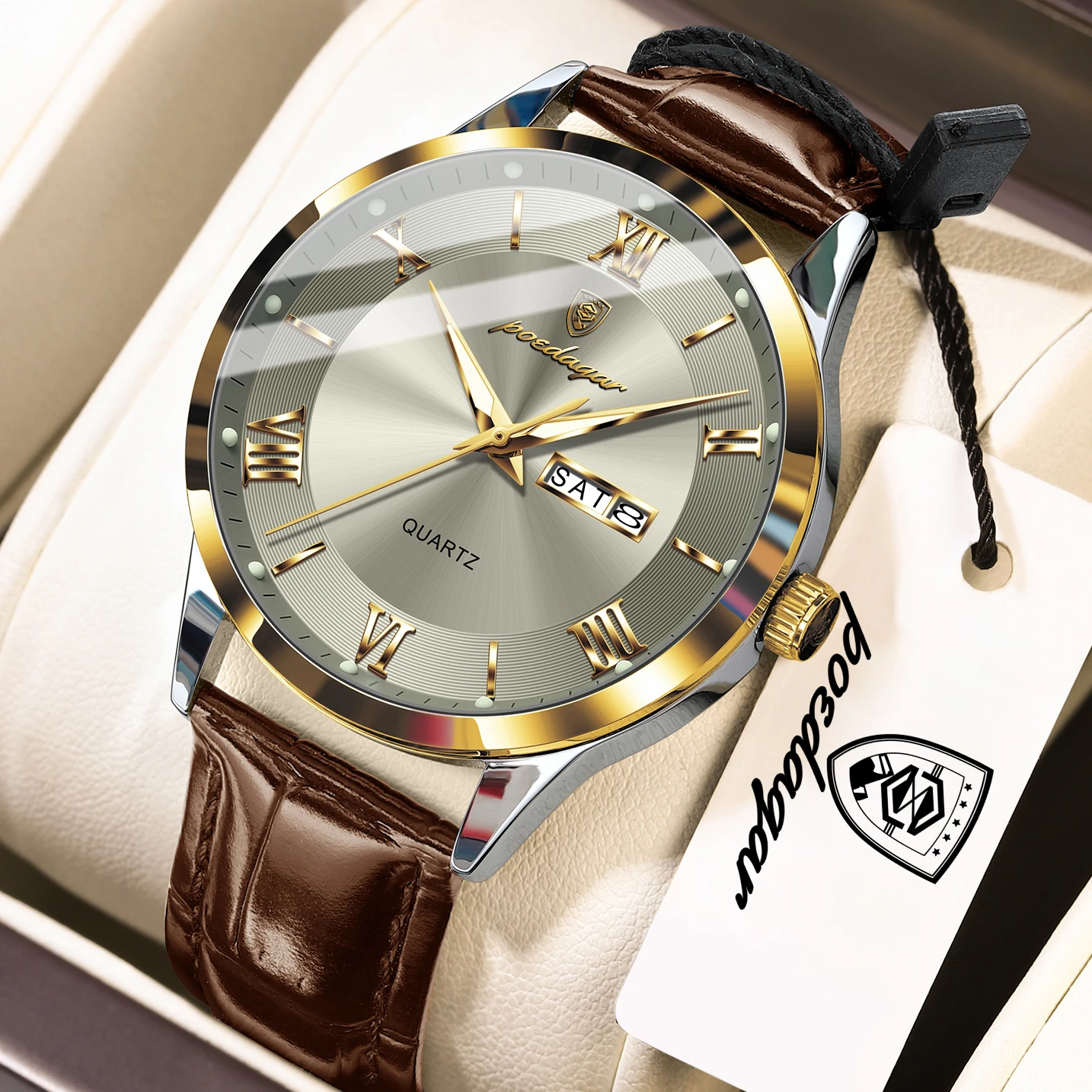 POEDAGAR Original Fashion Men's Watches Leather Date Week High Quality Quartz Men Wristwatch Waterproof Luminous Business Watches For Man Male Reloj image 3