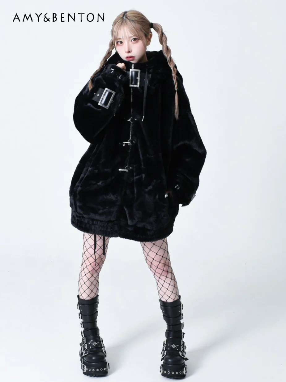 Japanese Mine Subculture Dark Punk Embroidered Leather Metal Buckle Plush Hooded Coats Thickened Mid-length Oversized Furry Coat