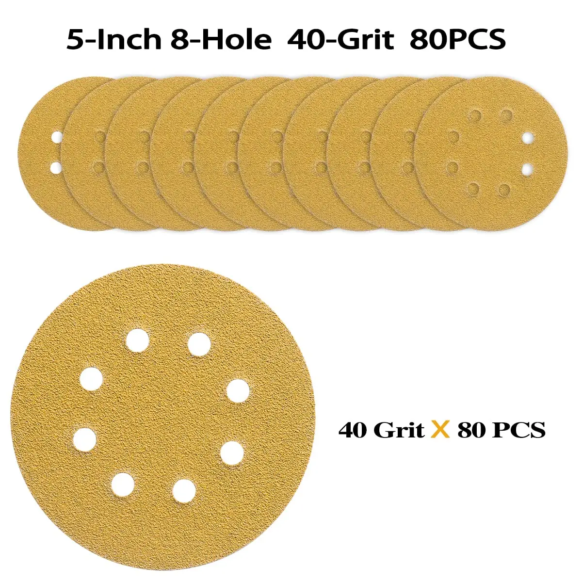15-100 Uds. Discos de lijado de 5 pulgadas y 8 agujeros, papel de lija de gancho y bucle redondo dorado de grano 40-1000 para lijado de pulido DIY