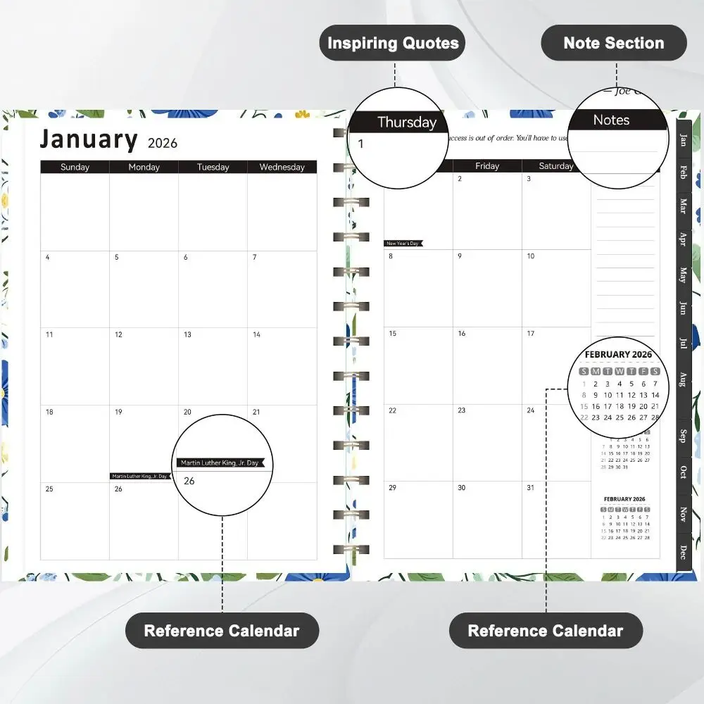 インデックスタグ 2026年プランナーノート A5サイズ シンプルデザイン デイリープラン スケジュール クロックイン機能 スパイラル綴じ