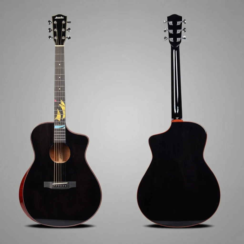 Gloss Black GA Cutaway Guitar, Red Edge Binding, Yellow Leaf Inlay, 6 Strings, Chrome Tuners for Beginners Daily Practice