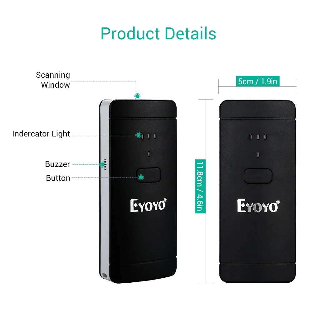 Imagem -05 - Barcode Scanner sem Fio Bluetooth Leitor de Código qr Mini Scanner de Bolso 2d Pdf417 Datamatrix Ey002s Android Ios Eyoyo2d