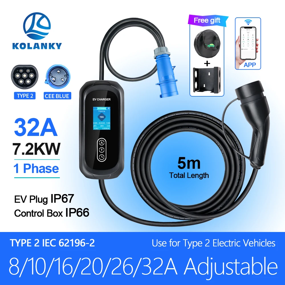 

Kolanky 32A 7.2KW Electric Vehicle EV Charger Type 2 Tuya APP Wifi Timer IEC62169 Set Charging Time PHEV Hybrid Car 5M