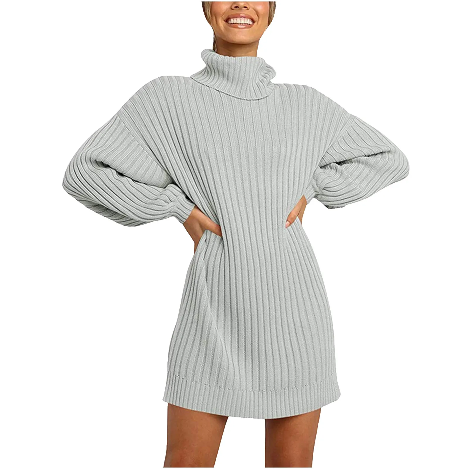 

Solid Turtleneck Knitted Mini Dresses Woman Winter Autumn Oversize Sweater Dress Fashion Long Sleeve Casual Knitwear