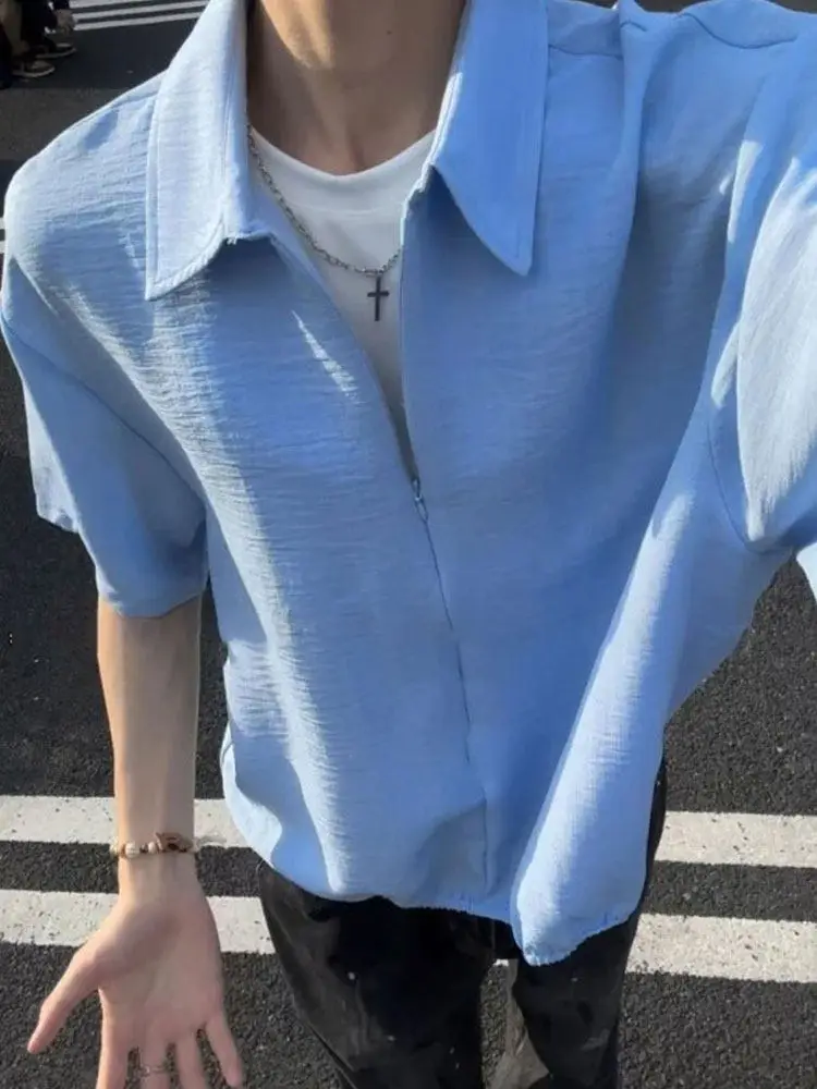 Black Half-Zipper Fake Two-Piece Short-Sleeve  Shirt Men's Summer Cleanfit Collar Handsome High-End Feel Half Sleeve