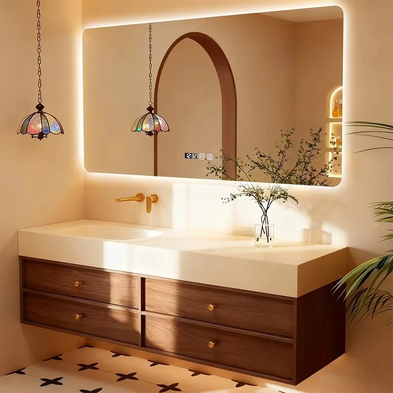 

Vintage Style Wall-Mounted Bathroom Cabinet with Integrated Basin and Mirror Hot Bending Seamless Design Paint-Free Finish