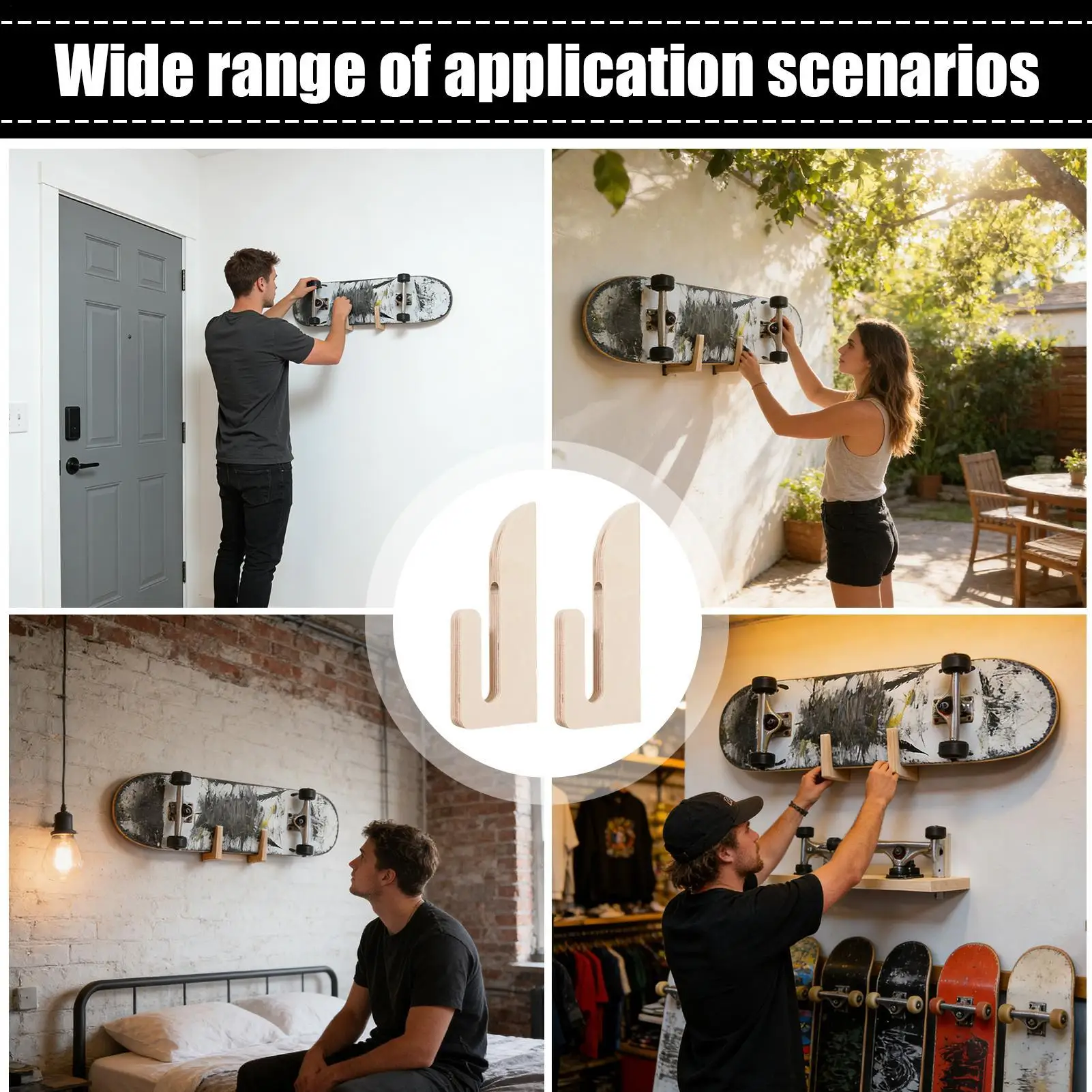 

1-Pair Skateboard Wooden Display Rack Surfboard Holder Wall Mount Stand for Skis Snowboard Home Garage