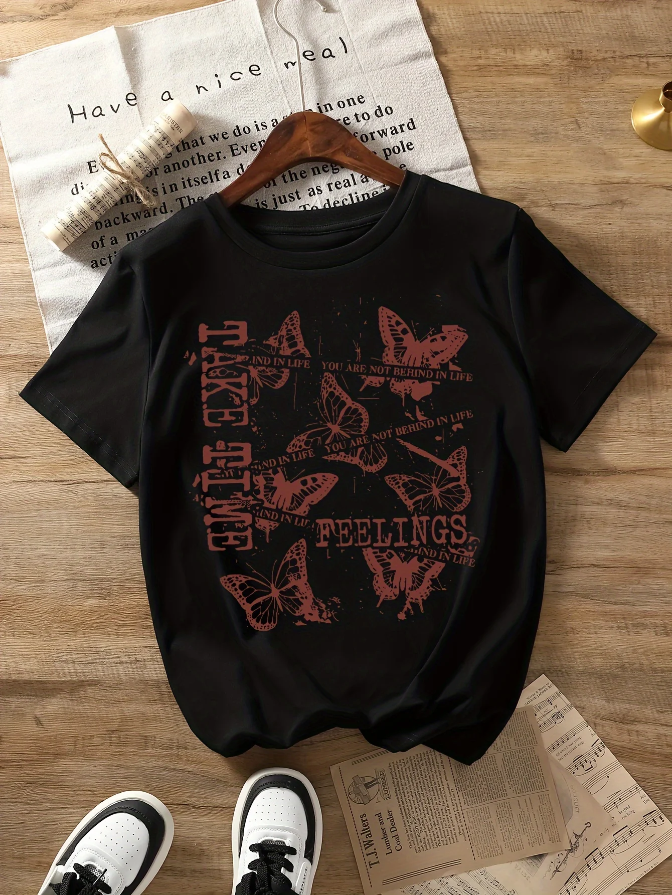 Take Time Butterfly Graphic T Shirt Women Summer Short Sleeve Aesthetic Feelings Casual Fashion Loose Harajuku Tee Tops Tshirt