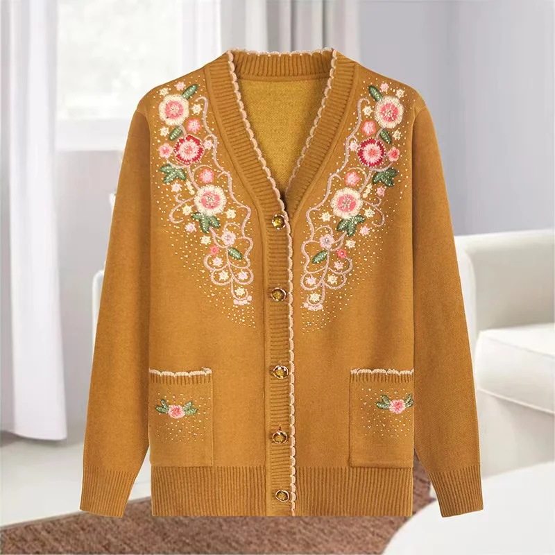 New Casual V-neck Long Sleeve Coats Female Knitted Sweater Spring Autumn Middle-aged And elderly Women\'s Sweater Cardigan Jacket