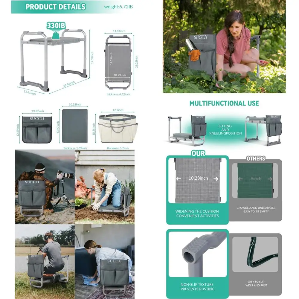 

Прочная складная садовая скамейка с широким сиденьем и ручками для удобного посадки, идеально подходит для пожилых людей и женщин (серая)