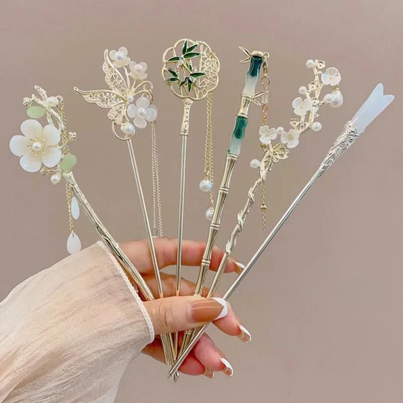 Chinese Style Retro Flower Tassel Hairpin Simple Fairy Hair Sticks Headwear For Women Girls Temperament Hair Accessories