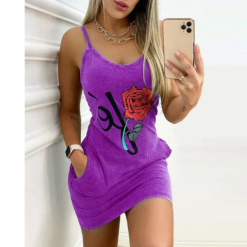 

Summer 2024 New Fashion Trend Print Pocket Slim Sexy U-Neck Sleeveless Suspenders Comfortable Casual Dress Wrap Hip Skirt