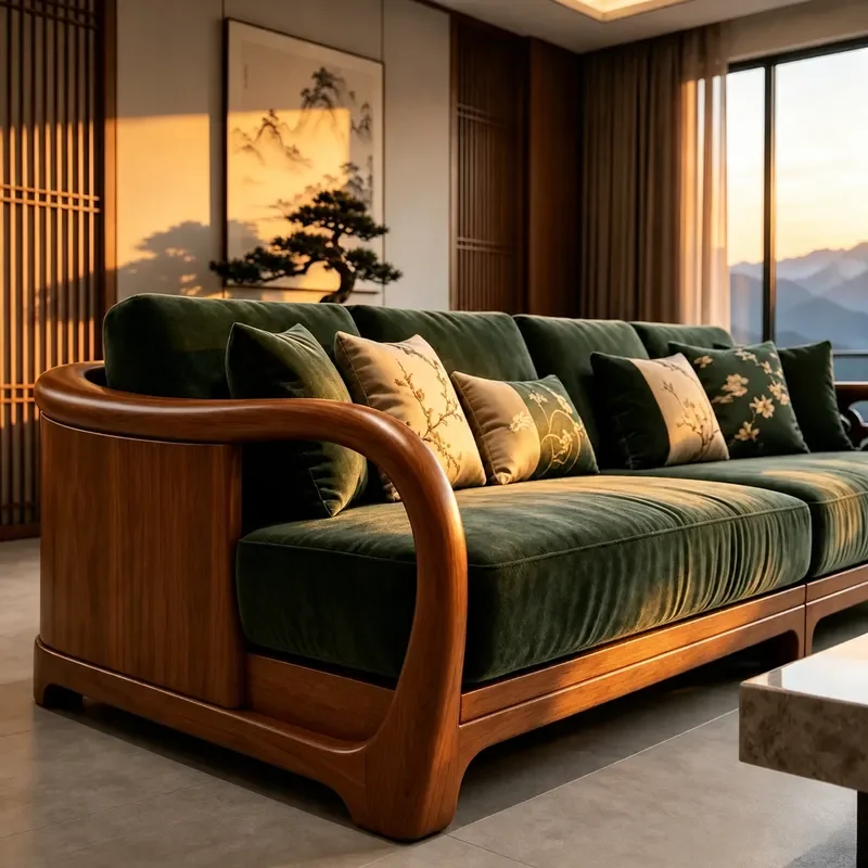 New Chinese Style Solid Wood Straight Row Sofa Song Aesthetic Living Room Luxury Green Auspicious Cloud Villa Furniture
