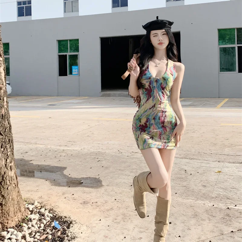 여성용 민소매 드레스, Y2k 레트로 타이 다이, 섹시 핫 스위트 여성 휴가 선드레스, 패션 백리스 시크 여름 미니 드레스