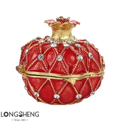 Hand Painted Pomegranate Trinket Box Decorative Hinged Rhinestone Jeweled Holder Colorful Enamel Ring Box Mother’s Day Gift