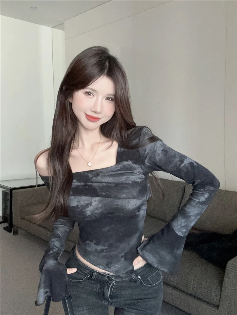 

French Hot Girl Tight Fit Short Irregular Tie-dye Top Women's Spring Off Shoulder Slim Long-sleeved Shirt Fashion Female Clothes